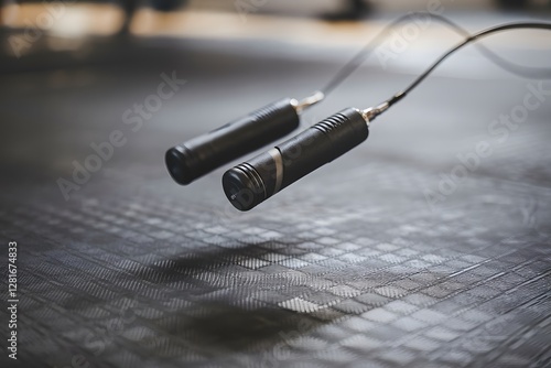 Black jump ropes hover over a textured fitness floor. 