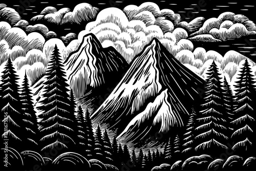 high mountains alpine scenery with clouds landscape black and white hand drawn sketch