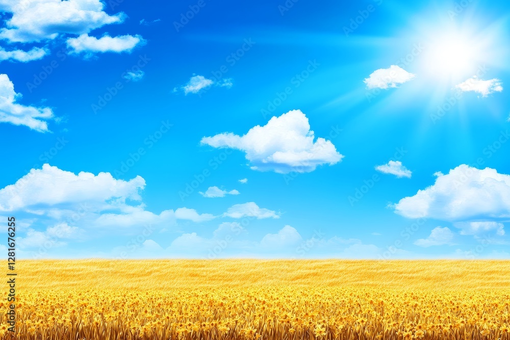 Sunny Day Golden Field Landscape - Vibrant yellow field under a bright sunny sky with fluffy white clouds. Perfect for nature, summer, and tranquility themes Sunny Day Golden Field Landscape - Vibrant yellow field under a bright sunny sky with fluffy white clouds. Perfect for nature, summer, and tranquility themes
