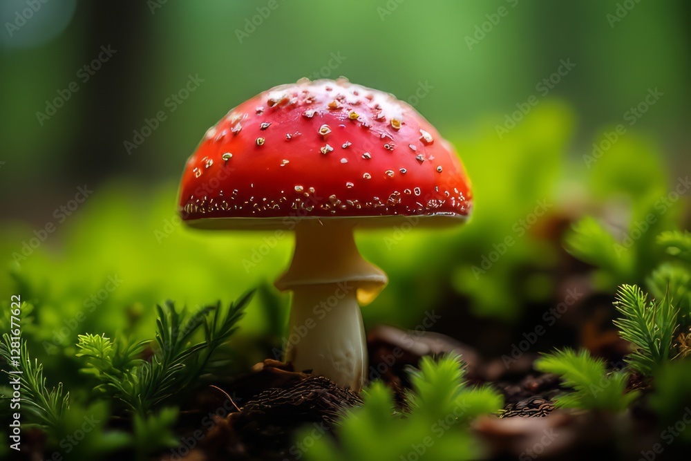Stunning Close-up of a Poisonous Red Mushroom in a Forest Setting Stunning Close-up of a Poisonous Red Mushroom in a Forest Setting