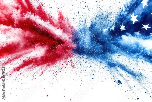 dynamic explosion of patriotic powder creating american flag colors in midair dramatic lighting on white background