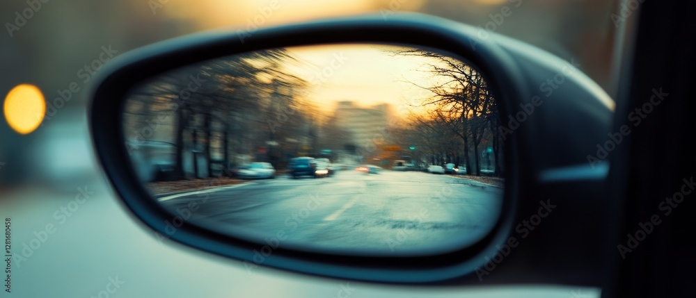 A car's side mirror reflects a blurred city street at sunset, capturing the fleeting transition between day and night amidst urban life. A car's side mirror reflects a blurred city street at sunset, capturing the fleeting transition between day and night amidst urban life.