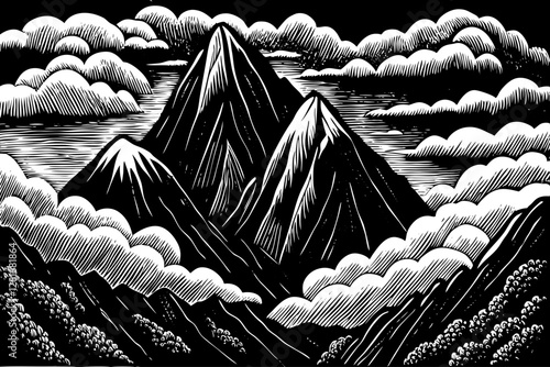 high mountains alpine scenery with clouds landscape black and white hand drawn sketch