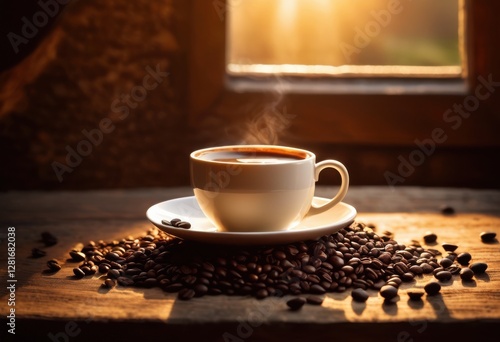vintage coffee cup nestled among aromatic coffee beans creating cozy inviting atmosphere rich colors textures, mug, caffeine, steam, brew, design, rustic