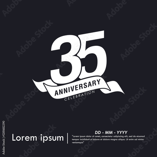 35th years anniversary celebration emblem. white anniversary logo isolated with ribbon on black background. monotone color. vector illustration template design for web, flyers, poster, greeting card