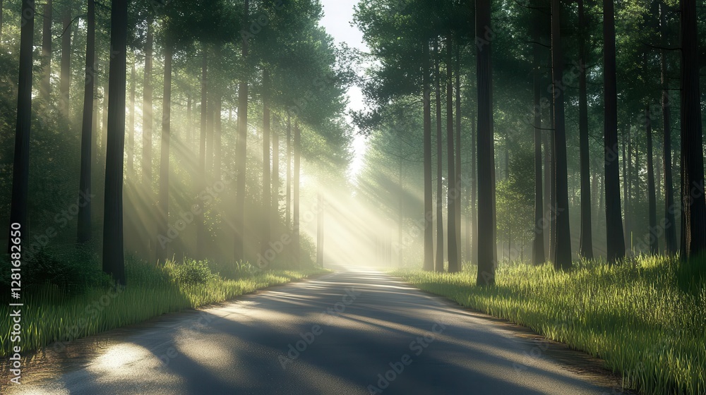 Obraz premium A serene forest road illuminated by soft sunlight beams.