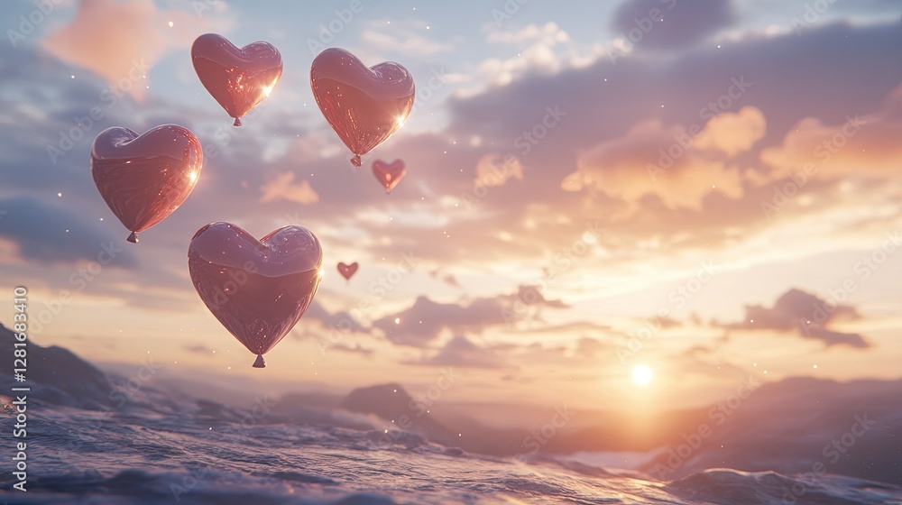 Fototapeta premium Heart-shaped balloons floating in the sky