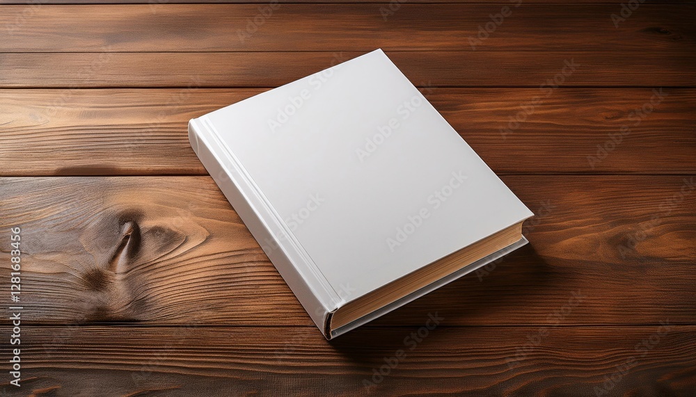 Fototapeta premium A hardcover book mockup on a wooden table featuring a minimalist cover design placeholder—perfect for showcasing book covers, branding, or editorial design concepts with a clean aesthetic.
