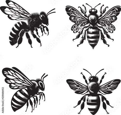 honey bee walking isolated on transparent background cutout black and white silhouette assets 