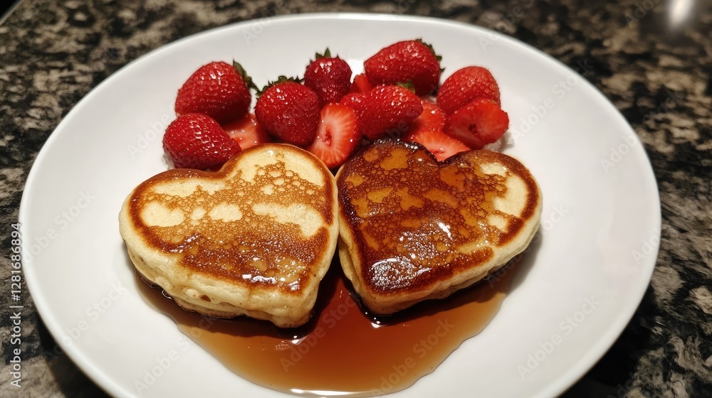 Heart-shaped pancakes with strawberries and syrup Heart-shaped pancakes with strawberries and syrup