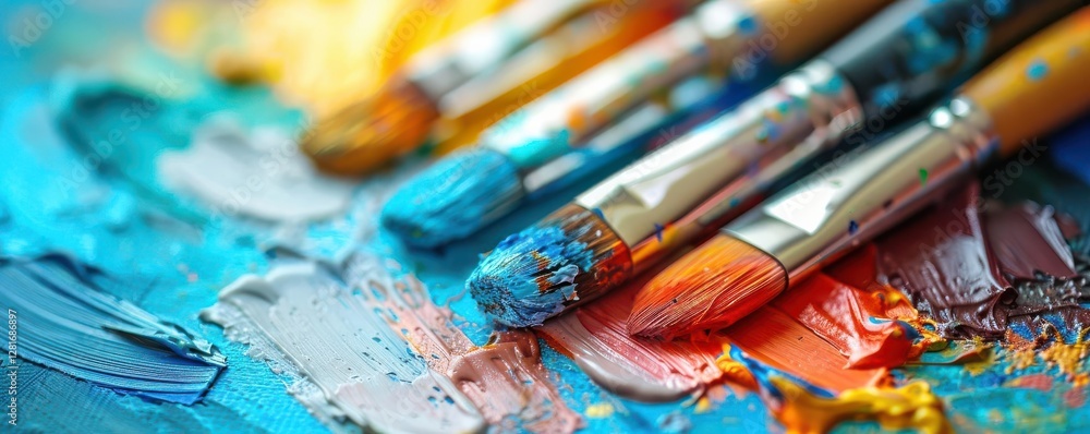 Close-up of paintbrushes on vibrant, textured paint surface. Close-up of paintbrushes on vibrant, textured paint surface.