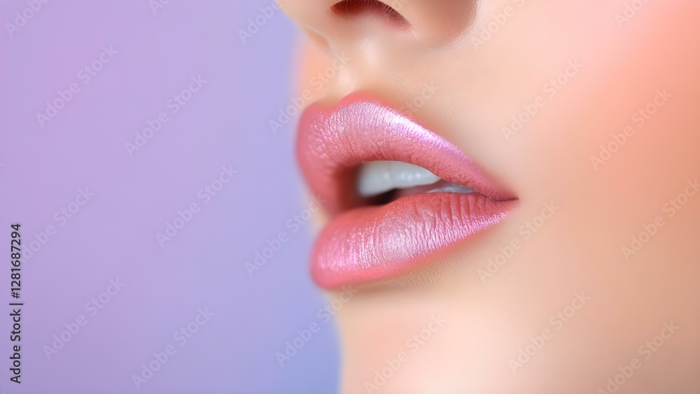 Obraz premium A close-up of a person's lips showing a glossy, pink lip color against a soft, blurred background. Concept Glassy Pink Lips, Close-Up Photography, Soft Focus Background, Beauty Aesthetics