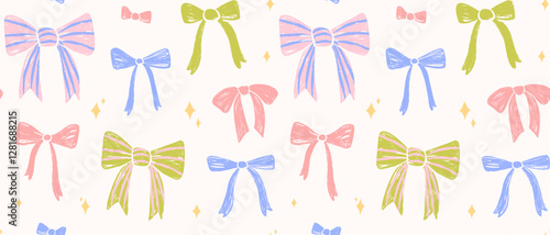 Seamless pattern with decorative ribbon bows and sparkles. Crayon texture. Hand drawn festive wallpaper in pastel shades. Cute and stylish design for fabric, background, gift wrapping, prints.