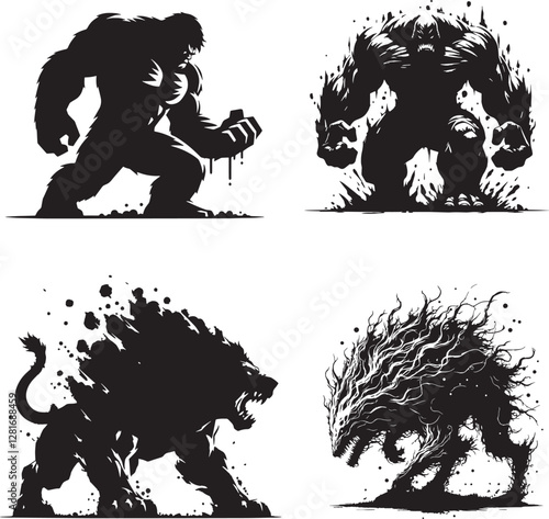 Rumbling black and white silhouette asset, Monster rumbling silhouette 