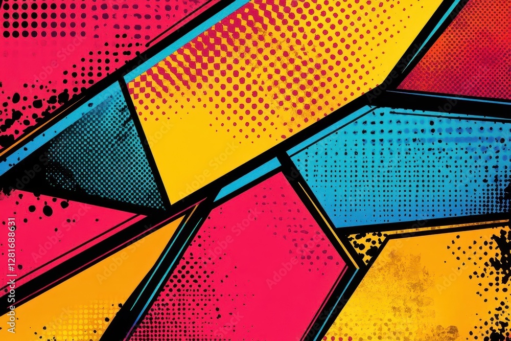 dynamic pop art background with geometric panels in vibrant primary colors bold halftone patterns and comic book style energy lines