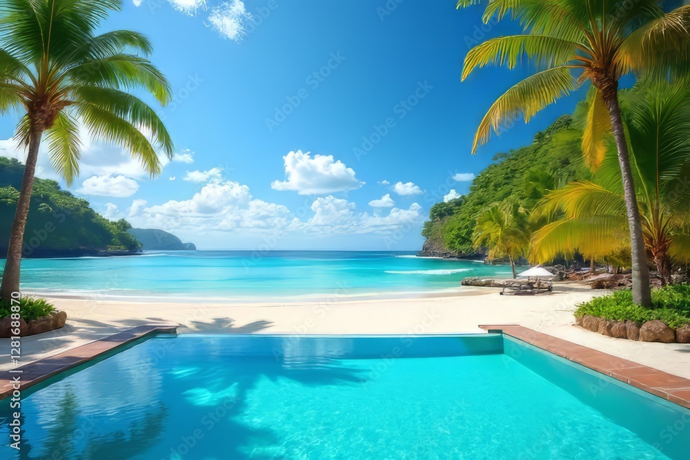Tropical Beachfront Resort Pool - Paradise Oasis with Turquoise Waters Tropical Beachfront Resort Pool - Paradise Oasis with Turquoise Waters