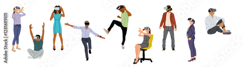 Set of diverse people in virtual reality headset. Different Men and women wearing digital glasses travel in metaverse. Modern technologies. Flat Vector illustrations isolated 