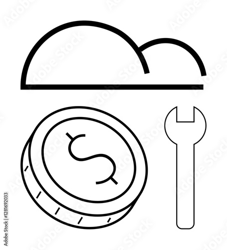 Cloud icon above a dollar coin and a wrench. Ideal for business strategy, financial planning, cloud computing services, technical support, startups, software development, online services. Line photo