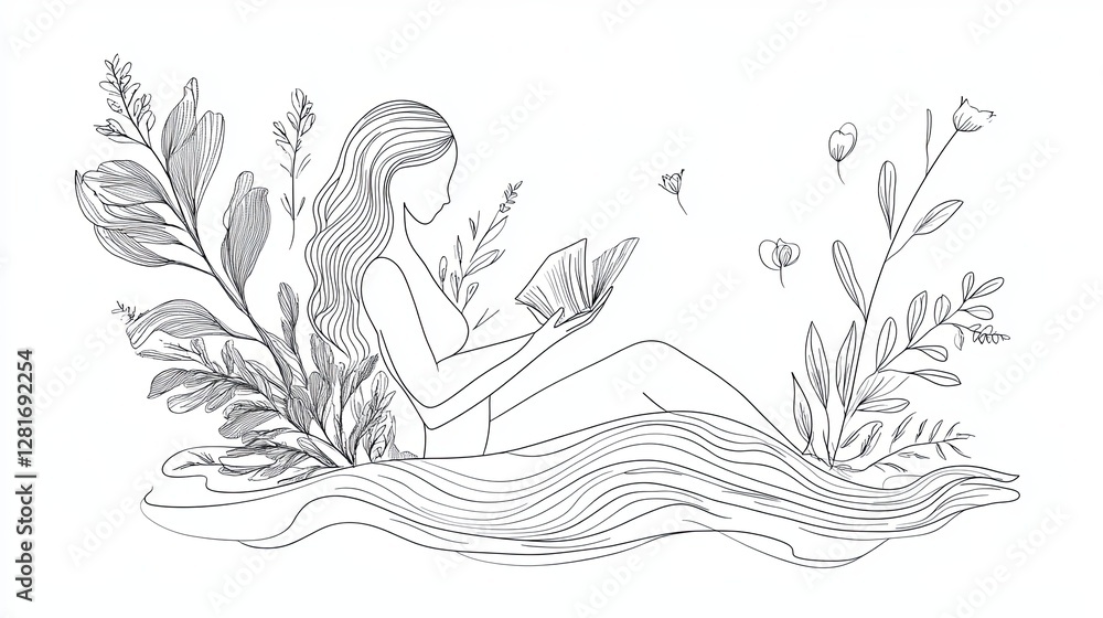 Obraz premium A simple yet elegant black and white line drawing of a woman reading a book, surrounded by delicate botanical elements, symbolizing knowledge and nature.