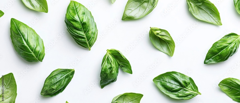 Fresh Basil Leaves on White Background - Vibrant Green Herb Flatlay Fresh Basil Leaves on White Background - Vibrant Green Herb Flatlay