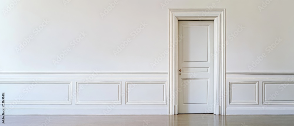 Fototapeta premium A solitary white door frames a stark, minimalist space, evoking purity and simplicity with a serene elegance.