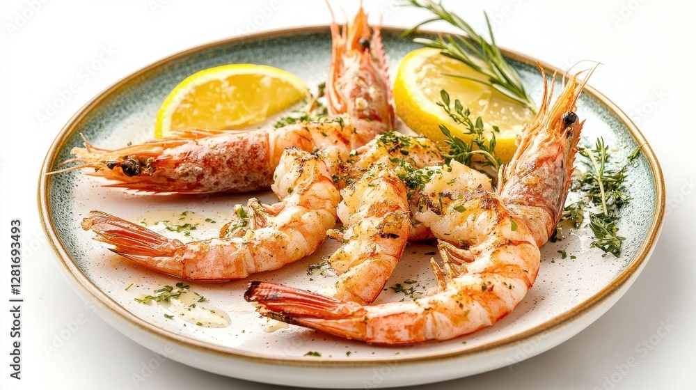 fine dining gourmet seafood Grilled shrimp garnished with herbs and lemon on a plate. fine dining gourmet seafood Grilled shrimp garnished with herbs and lemon on a plate.
