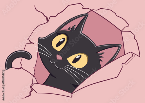 Black Cat with Striking Yellow Eyes Emerging from a Hole in the Wall, Capturing a Moment of Surprise