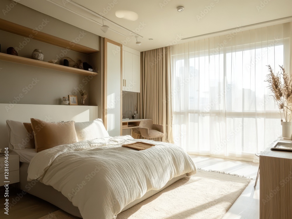 A modern bedroom with furniture and bright sunlight