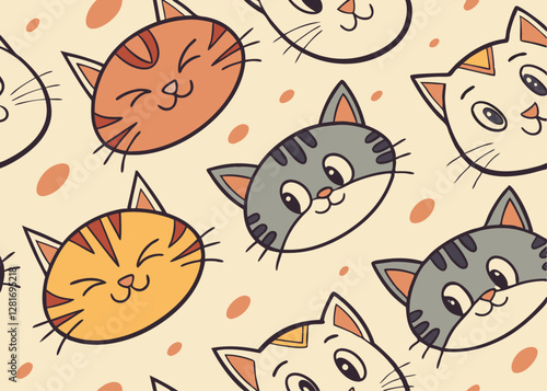 Pattern of Happy Cats with Various Expressions, Creating a Fun and Playful Design