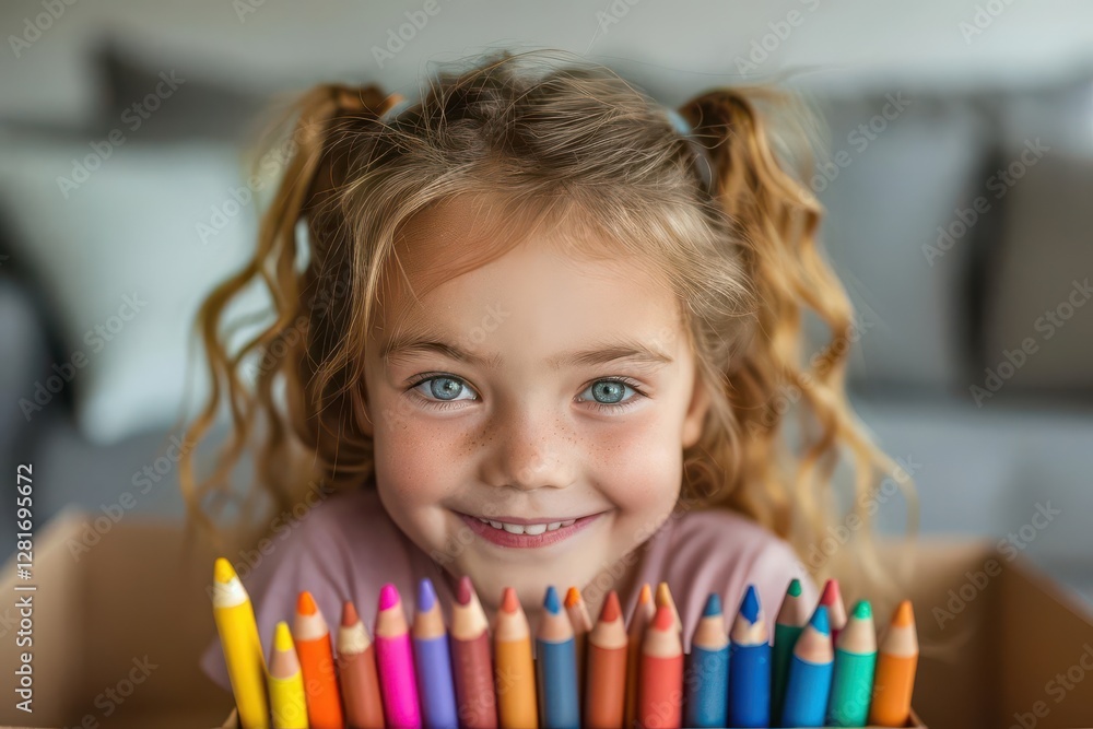 Smiling girl enjoying colorful crayons in a cozy environment. Smiling girl enjoying colorful crayons in a cozy environment.