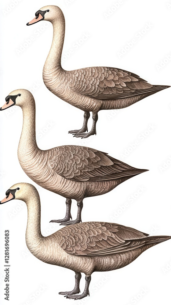 Obraz premium Three elegant swans standing in a row, showcasing their beauty.