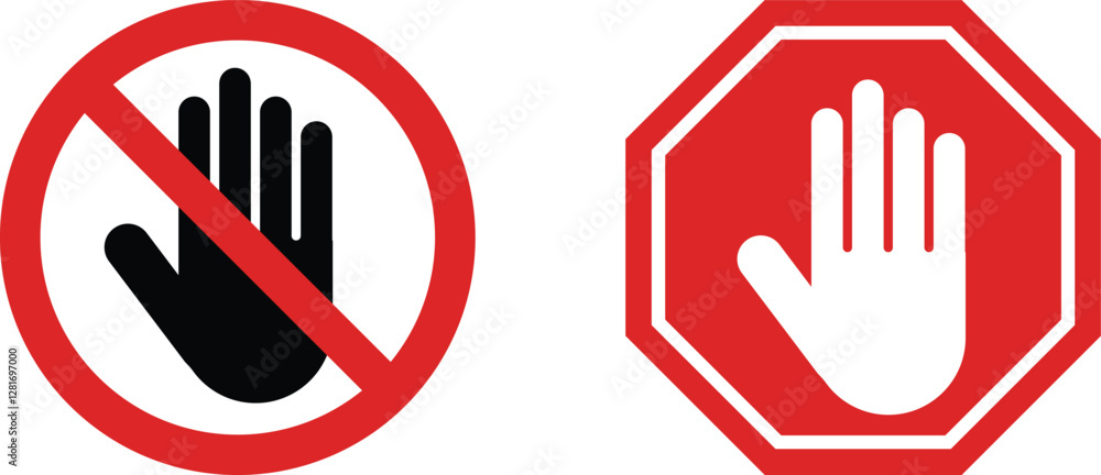 Obraz premium Stop hand icon set . Red stop sign . Stop warning icon with hand symbol . Vector illustration