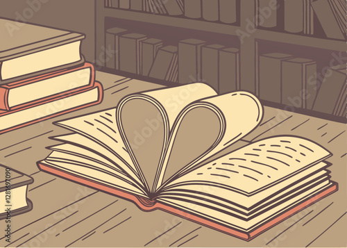 Open Book with Heart-Shaped Pages and a Cozy Library Background, Perfect for Celebrating World Book Day
