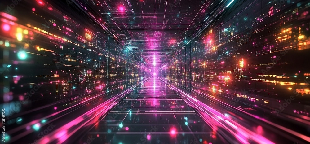 Obraz premium Neon data tunnel; digital city backdrop; futuristic travel