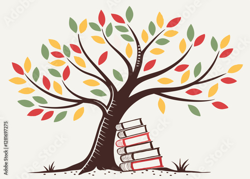 Whimsical Tree with Colorful Leaves and Books, Representing the Connection Between Nature and Literature