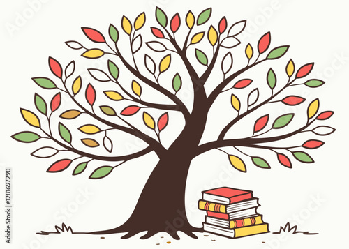 Artistic Tree with Colorful Leaves and Stacked Books at the Base, Symbolizing Growth Through Reading and Education