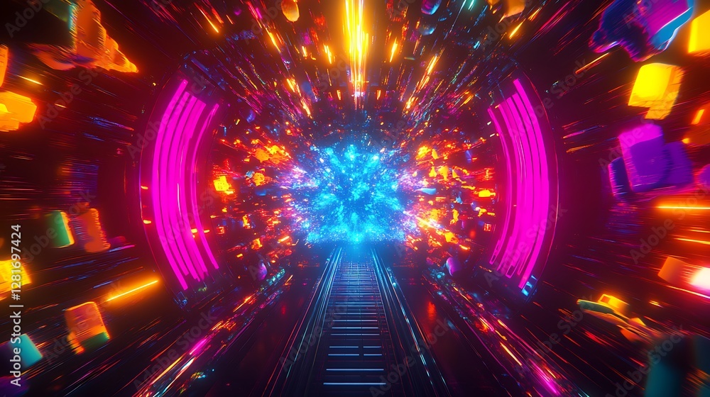 Fototapeta premium Neon Tunnel Exploding With Vibrant Colors And Light