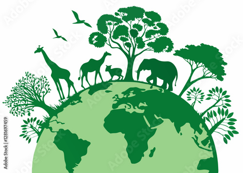 Earth with Silhouettes of Animals and Trees, Symbolizing the Interconnectedness of Nature and Wildlife