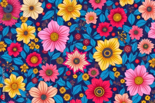 Vibrant Floral Pattern with Colorful Flowers and Leaves on Dark Blue Background