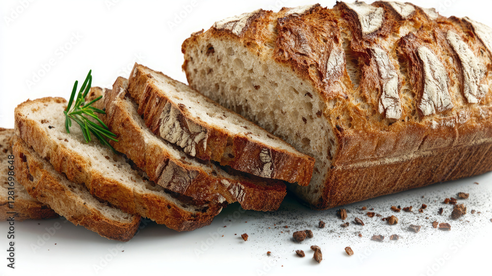 freshly sliced rustic artisan bread with crunchy crust and aromatic rosemary perfect for gourmet baking culinary photography on white background freshly sliced rustic artisan bread with crunchy crust and aromatic rosemary perfect for gourmet baking culinary photography on white background