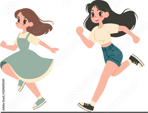Two cartoon style girls joyfully running, dressed in casual and summery outfits, embodying energy and happiness, perfect for themes of friendship, play, and carefree outdoor activities