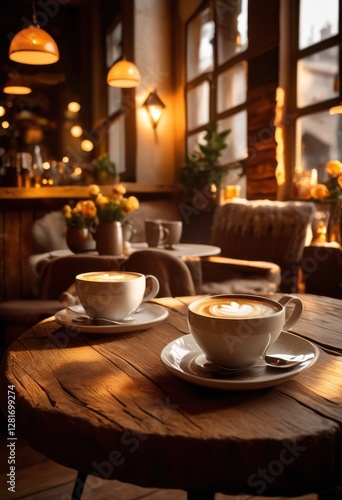 Wallpaper Mural inviting display cozy coffee cups steaming drinks nestled rustic table surrounded warm textiles soft lighting, barista, beverage, brew, ceramic, decor Torontodigital.ca