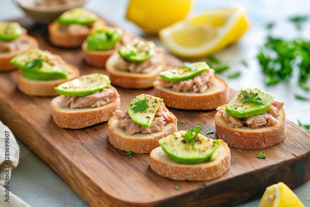 Enjoying mini toasts with canned tuna, avocado, and a splash of lemon juice, perfect for lazy mornings spent with delightful flavors. Enjoying mini toasts with canned tuna, avocado, and a splash of lemon juice, perfect for lazy mornings spent with delightful flavors.