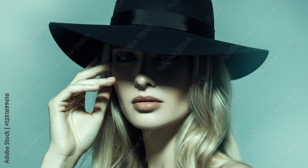 Blonde caucasian female in black hat with shadows and soft lighting Blonde caucasian female in black hat with shadows and soft lighting