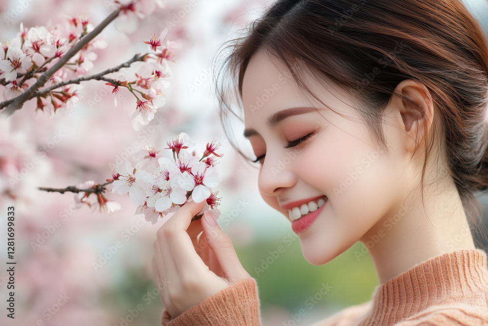 Sunlit face of a happy woman with flowering branches. Concept of optimism, youthful energy, and the joy of nature