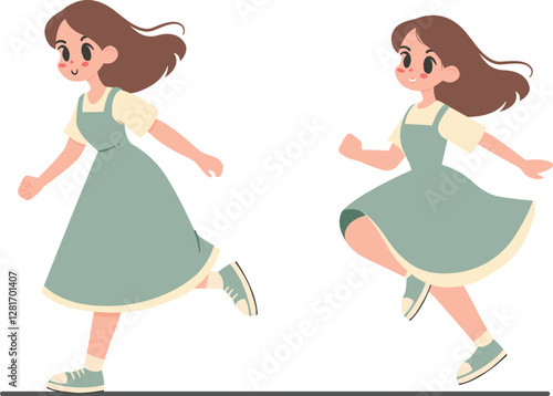 A charming vector illustration of a young girl running, emphasizing motion and joy, set against a minimalistic white background. Perfect for themes of childhood, activity, and cheerful movement