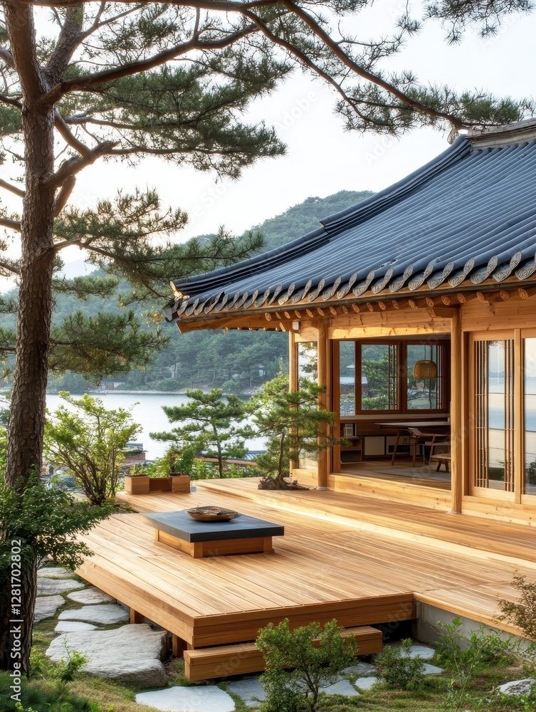 This Japanese style building has a wooden deck for tea ceremonies This Japanese style building has a wooden deck for tea ceremonies