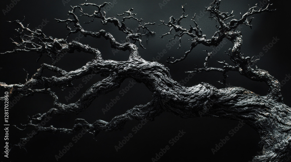 Black trunk, thick black branches, branches going left and right, empty space inside the tree, branch, black background. Black trunk, thick black branches, branches going left and right, empty space inside the tree, branch, black background.