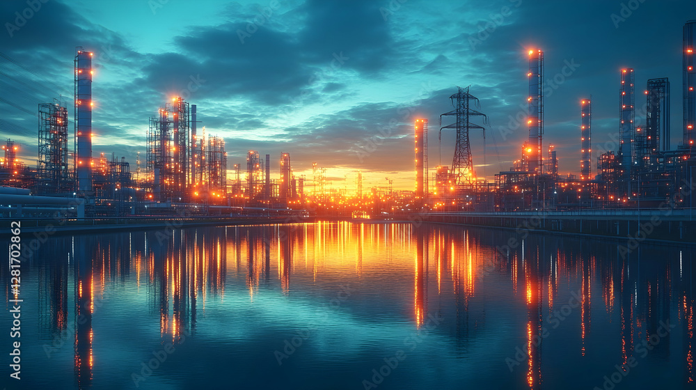 Illuminated refinery at sunset, reflecting in calm water, industrial landscape Illuminated refinery at sunset, reflecting in calm water, industrial landscape