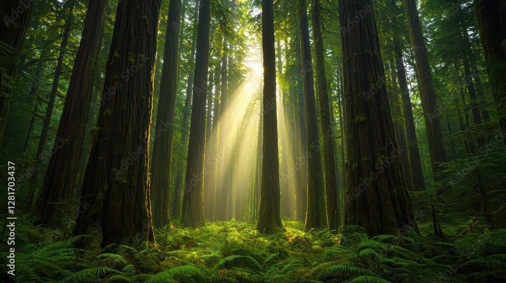 Fototapeta premium Sunlight Filtering Through Dense Green Rainforest Trees